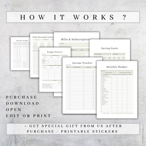 May include: Printable budget planner worksheets with titles "Monthly Budget", "Debt Snowball Calculator", "Bills & Subscriptions", "Budget Planner", "Income Tracker", "Saving Goals", and "Monthly Budget". The worksheets are on white paper with gray lines and text.