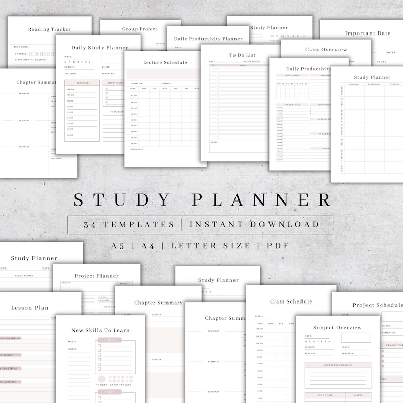 May include: A set of 34 printable study planner templates in PDF format. The templates are designed for A5, A4, and letter size paper. The templates include a variety of layouts for daily, weekly, and monthly planning, as well as for specific tasks such as project planning, reading tracking, and class scheduling.