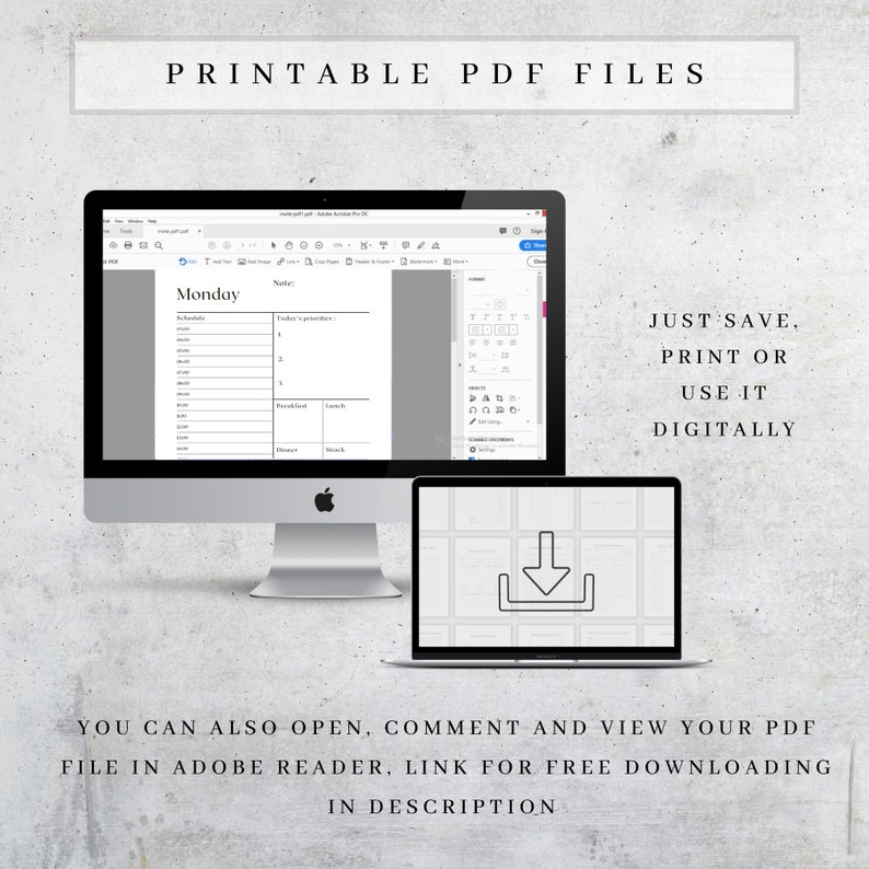 May include: A desktop computer and laptop displaying a printable PDF file. The computer screen shows a daily schedule template. Text on the image reads "PRINTABLE PDF FILES" and "JUST SAVE, PRINT OR USE IT DIGITALLY."