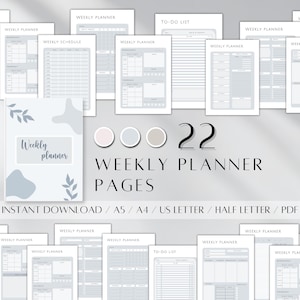 May include: A set of 22 printable weekly planner pages in a gray and white color scheme. The pages include weekly schedules, to-do lists, and task charts. The text "Weekly Planner" is featured on the cover page.