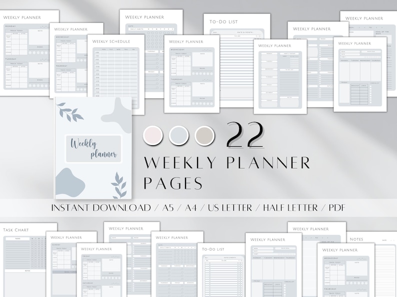 May include: A set of 22 printable weekly planner pages in a gray and white color scheme. The pages include weekly schedules, to-do lists, and task charts. The text "Weekly Planner" is featured on the cover page.
