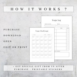 May include: Black and white printable yoga challenge tracker with 30 days of squares to check off.  The tracker includes a section for date, year, and month.  There is also a yoga log section with space for music, time, and a check box for done.