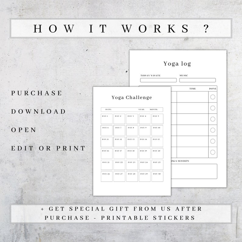 May include: Black and white printable yoga challenge tracker with 30 days of squares to check off.  The tracker includes a section for date, year, and month.  There is also a yoga log section with space for music, time, and a check box for done.