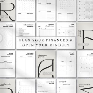 May include: A collection of printable planner pages featuring black text on white and light gray backgrounds. The pages include trackers for reading, gratitude, sleep, habits, and finances, with the central text reading PLAN YOUR FINANCES & OPEN YOUR MINDSET.