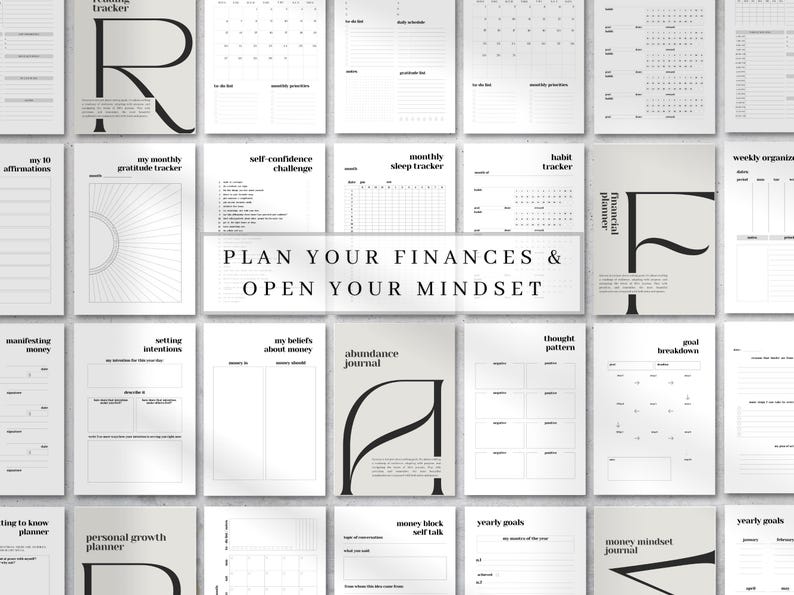 May include: A collection of printable planner pages featuring black text on white and light gray backgrounds. The pages include trackers for reading, gratitude, sleep, habits, and finances, with the central text reading PLAN YOUR FINANCES & OPEN YOUR MINDSET.