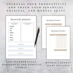 K&ouml;nnte beinhalten: Ein Planer mit dem Text "Keywords planner" und "Reading Tracker" auf wei&szlig;em Papier. Ein schwarzer und goldener Stift liegt auf dem Planer. Der Text "INCREASE YOUR PRODUCTIVITY AND TRACK YOUR FINANCIAL, PHYSICAL, AND MENTAL STATE" steht oben.