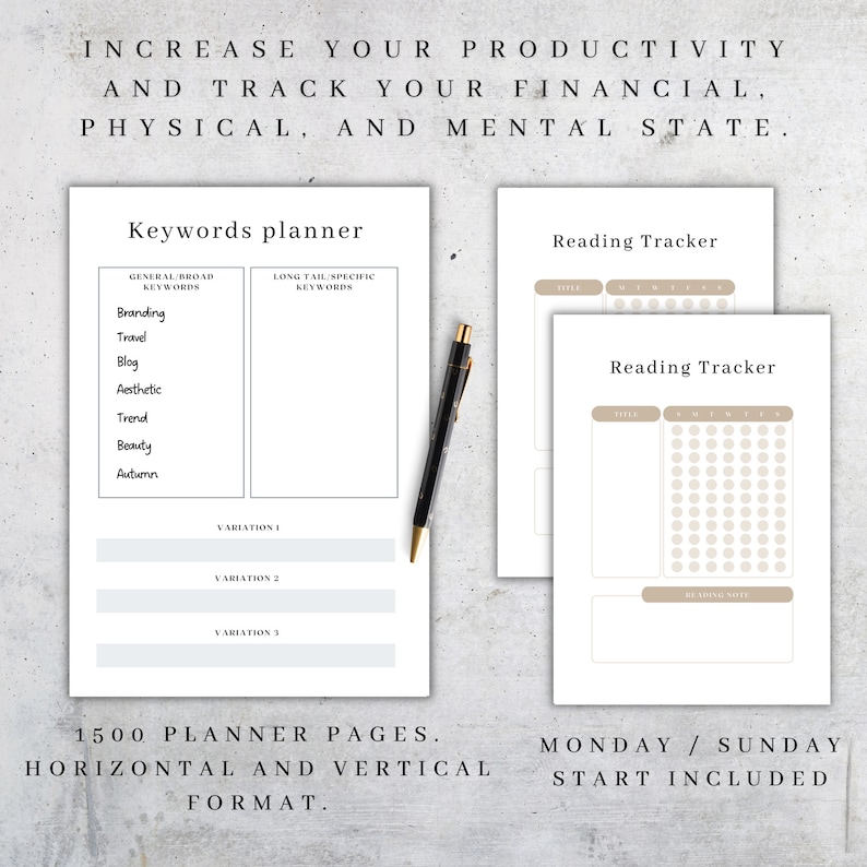 K&ouml;nnte beinhalten: Ein Planer mit dem Text "Keywords planner" und "Reading Tracker" auf wei&szlig;em Papier. Ein schwarzer und goldener Stift liegt auf dem Planer. Der Text "INCREASE YOUR PRODUCTIVITY AND TRACK YOUR FINANCIAL, PHYSICAL, AND MENTAL STATE" steht oben.