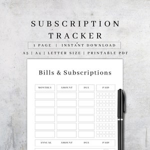 May include: Printable subscription tracker with a black and white design. The tracker has sections for monthly and annual subscriptions, with columns for the amount, due date, and paid status. The tracker is designed to help you keep track of your subscriptions and avoid late fees.