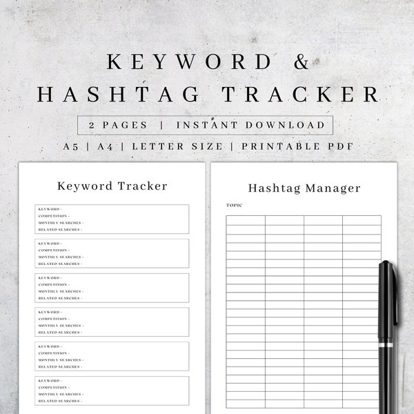 Keywords & Hashtags Tracker Printable | Small Business Planner Tools | Digital Keyword List | Social Media Listing Keyword Tracker PDF A5/A4