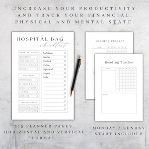 May include: A printable checklist for a hospital bag with a list of important things to pack, including medication, insurance information, phone and charger, clothes, toiletries, entertainment, and more. The checklist is titled "Hospital Bag Checklist". There are also two printable reading trackers with a grid for tracking reading progress.