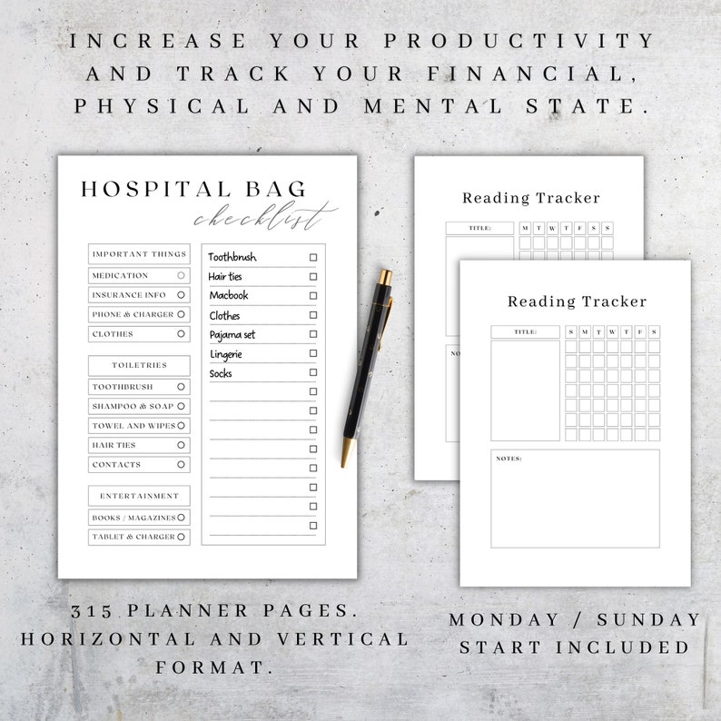 May include: A printable checklist for a hospital bag with a list of important things to pack, including medication, insurance information, phone and charger, clothes, toiletries, entertainment, and more. The checklist is titled "Hospital Bag Checklist". There are also two printable reading trackers with a grid for tracking reading progress.