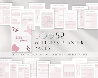 May include: A printable wellness planner with 52 pages. The planner features a pink and white colour scheme with a variety of pages for self-care, goal setting, and reflection. The text "Wellness Planner" is displayed in a large font at the bottom of the image.