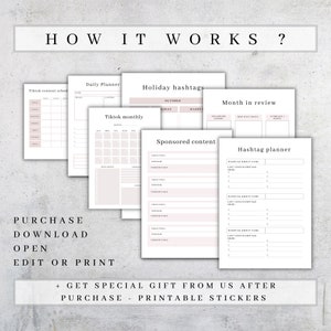 May include: Printable planner pages in light pink and white, featuring sections for TikTok content scheduling, daily planning, and hashtag planning. The image includes the text "HOW IT WORKS?" and instructions to purchase, download, open, and edit or print.