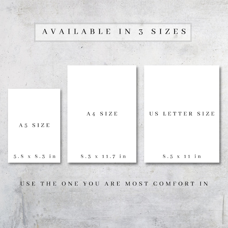 K&ouml;nnte beinhalten: Drei wei&szlig;e Papierformate werden gezeigt: A5 (14,8 x 21 cm), A4 (21 x 29,7 cm) und US Letter (21,6 x 27,9 cm). Der Text oben lautet &bdquo;VERF&Uuml;GBAR IN 3 GR&Ouml;SSEN&ldquo;, und darunter &bdquo;NUTZEN SIE DIE, MIT DER SIE SICH AM WOHLSTEN F&Uuml;HLEN&ldquo;.