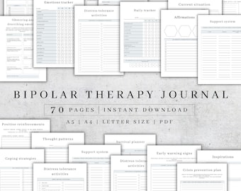 Printable Therapy Journal | Bipolar Therapy Planner Digital | Anxiety Journal for Mental Health | Self-Care Worksheet |  Emotion List PDF A5