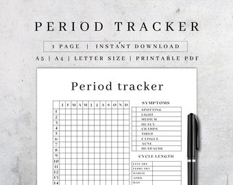 Suivi des règles imprimables | Suivi des symptômes | Journal de période | Suivi de l'ovulation | Planificateur de fertilité | Suivi des symptômes des règles A5, A4, Lettre