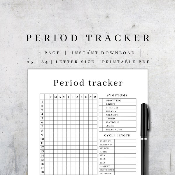 Printable Period Tracker | Symptom Tracker | Period Journal | Ovulation Tracker | Fertility Planner | Period Symptom Tracking A5, A4, Letter