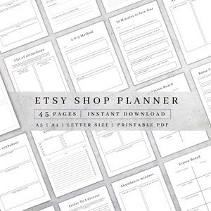 May include: A black and white printable Etsy shop planner with 45 pages. The planner includes pages for vision boards, goal setting, and other business planning activities. The text "Etsy Shop Planner" is in large, bold letters at the top of the page.