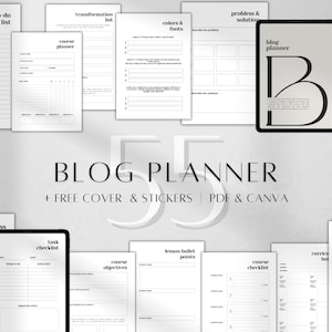Puede incluir: Un planificador de blog imprimible con un diseño en blanco y negro. El planificador incluye secciones para listas de tareas, listas de verificación de tareas, objetivos del curso, puntos de viñetas de la lección y lluvia de ideas. El planificador también incluye una portada y pegatinas gratis. El texto "BLOG PLANNER + FREE COVER & STICKERS | PDF & CANVA" se muestra en el centro de la imagen.