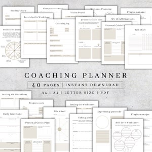 Coaching Planner Printable | Digital Life Coach Journal Pages | Wellness Worksheet Bundle | Coaching Workbook | Self Love Guide PDF A5, A4