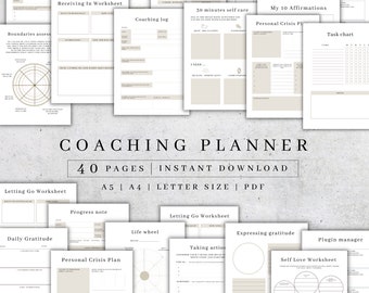 Planificador de coaching imprimible / Páginas del diario del coach de vida digital / Paquete de hojas de trabajo de bienestar / Libro de trabajo de coaching / Guía de amor propio PDF A5, A4