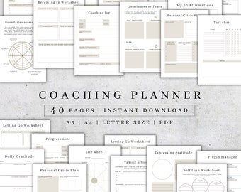 Pianificatore di coaching stampabile / Pagine del diario del life coach digitale / Pacchetto di fogli di lavoro per il benessere / Cartella di lavoro per il coaching / Guida all'amore per se stessi PDF A5, A4