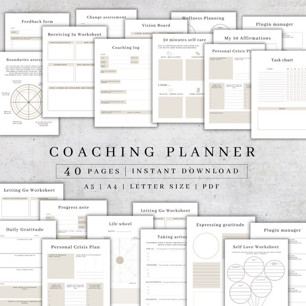 Coaching Planner Printable | Digital Life Coach Journal Pages | Wellness Worksheet Bundle | Coaching Workbook | Self Love Guide PDF A5, A4