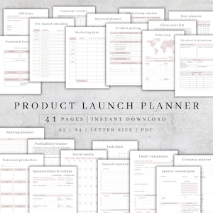 Könnte beinhalten: Ein Produkt-Launch-Planer mit 41 Seiten, einschließlich Checklisten, Trackern und Diagrammen zur Planung eines Produkt-Launches. Der Planer ist in den Formaten A5, A4 und Letter verfügbar.
