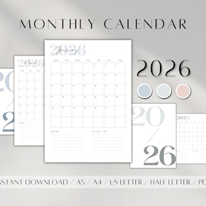 Páginas de calendário 2026 para impressão | Calendário mensal digital | Lista de tarefas e notas mensais | Modelo de revisão anual de 2026 | Cronograma mensal A5 PDF