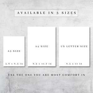 May include: Three white paper sizes are displayed: A5 (5.8 x 8.3 in), A4 (8.3 x 11.7 in), and US Letter (8.5 x 11 in). The text above reads "AVAILABLE IN 3 SIZES". The text below reads "USE THE ONE YOU ARE MOST COMFORT IN".