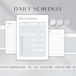 May include: Printable daily planner with a gray and white color scheme. The planner includes sections for today's goal, reminders, today's plan, top priorities, must get done, can wait, and notes. There are also four blank note pages.