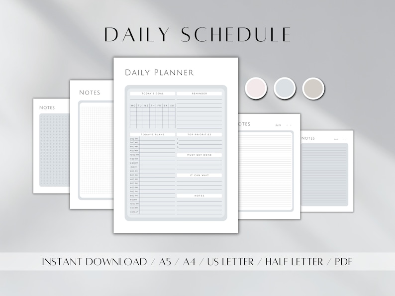 May include: Printable daily planner with a gray and white color scheme. The planner includes sections for today's goal, reminders, today's plan, top priorities, must get done, can wait, and notes. There are also four blank note pages.