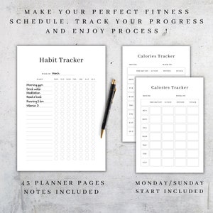 May include: Black and white printable habit tracker and calorie tracker pages. The habit tracker has a list of habits to track, including morning gym, drink water, meditation, read a book, running 5 km, and vitamin D. The calorie tracker has columns for breakfast, lunch, dinner, and snack.