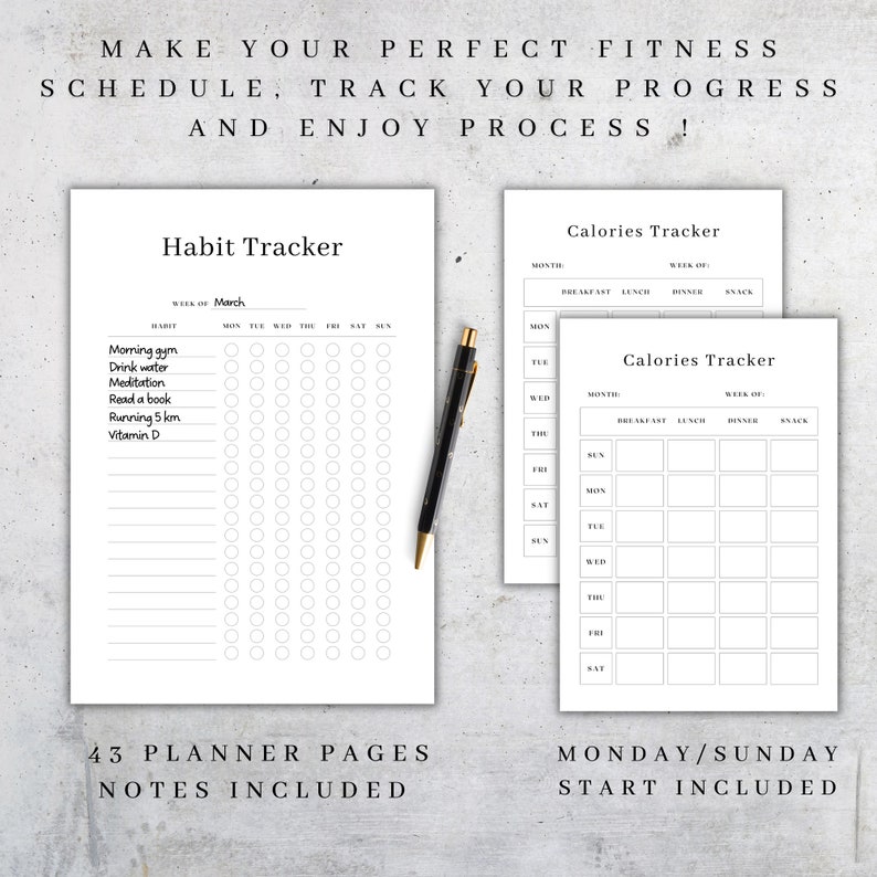 May include: Black and white printable habit tracker and calorie tracker pages. The habit tracker has a list of habits to track, including morning gym, drink water, meditation, read a book, running 5 km, and vitamin D. The calorie tracker has columns for breakfast, lunch, dinner, and snack.