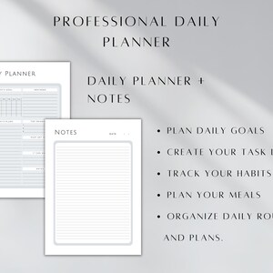 May include: A printable daily planner with a notes section. The planner is designed to help you plan daily goals, create a task list, track habits, plan meals, and organize your daily routine.