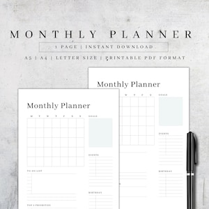 Planificador mensual imprimible / Páginas mensuales sin fecha / Calendario mensual / Calendario de planificación mensual / Tamaño A4/A5/Carta / Planificador de descarga instantánea