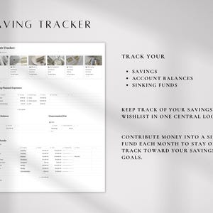 K&ouml;nnte beinhalten: Ein wei&szlig;es Spar-Tracker-Blatt mit dem Text "SAVING TRACKER" oben. Das Blatt enth&auml;lt Abschnitte zur Verfolgung von Ersparnissen, Kontost&auml;nden und R&uuml;cklagen. Der Text "Wishlistr Tracker" ist ebenfalls sichtbar.