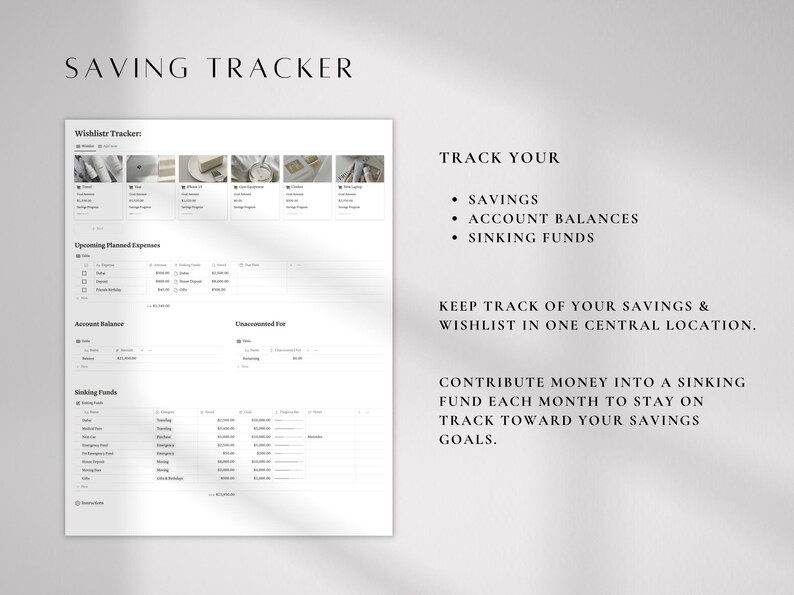 K&ouml;nnte beinhalten: Ein wei&szlig;es Spar-Tracker-Blatt mit dem Text "SAVING TRACKER" oben. Das Blatt enth&auml;lt Abschnitte zur Verfolgung von Ersparnissen, Kontost&auml;nden und R&uuml;cklagen. Der Text "Wishlistr Tracker" ist ebenfalls sichtbar.