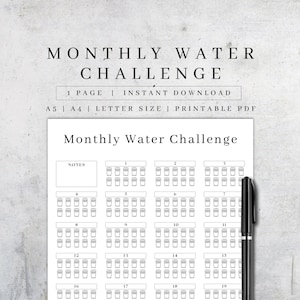 Monthly Water Challenge Sheet Printable | Hydration Tracker | Fitness Planner | Digital Self-Care Journal Page | Water Intake Tracker PDF A4