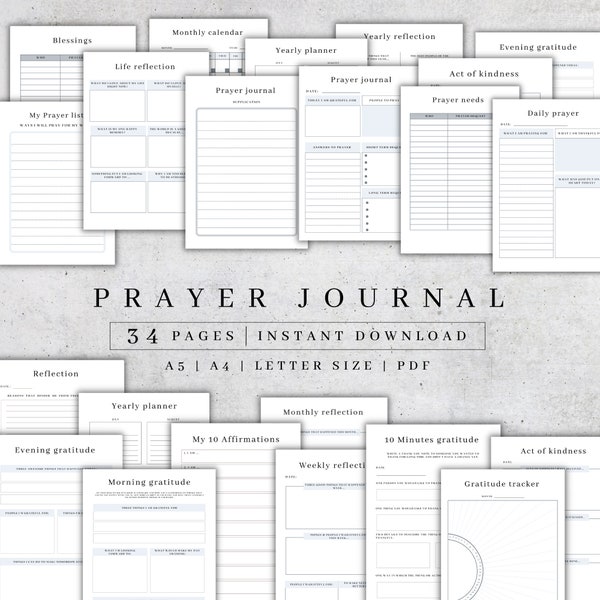 Journal de prière imprimable | Guide d'étude biblique | Journal de gratitude | Journal d’étude biblique numérique | Notes de réflexion PDF | Planificateur de prière quotidien