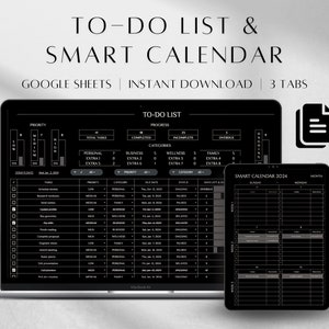 May include: A black laptop computer displaying a Google Sheet with a to-do list and a smart calendar. The to-do list has columns for priority, category, due date, status, and priority. The calendar is a monthly view with columns for Sunday, Monday, Tuesday, Wednesday, Thursday, Friday, and Saturday.