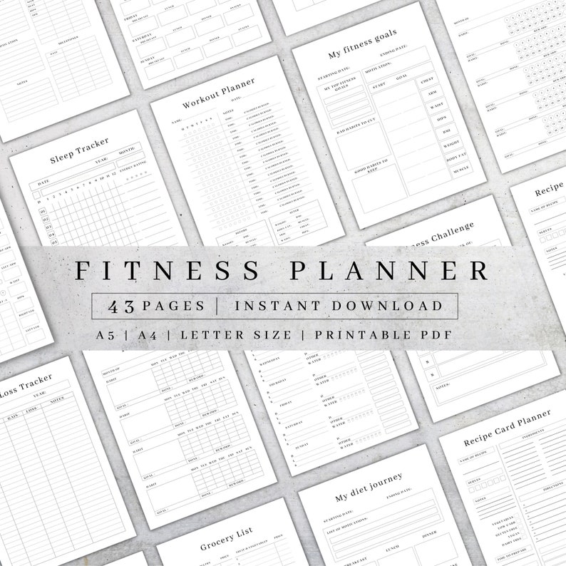 May include: A black and white printable fitness planner with 43 pages. The planner includes pages for tracking sleep, workouts, meals, grocery lists, and fitness goals. The planner is available in A5, A4, and letter sizes.