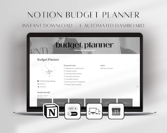 Puede incluir: Una computadora portátil muestra una interfaz de planificador de presupuesto de Notion. La pantalla presenta un diseño minimalista con secciones para objetivos financieros y notas. El texto "NOTION BUDGET PLANNER" y "INSTANT DOWNLOAD | 1 AUTOMATED DASHBOARD" son visibles.