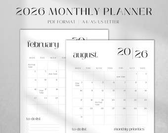 Printable Dated Monthly Plan 2026 | Month At a Glance | Monthly Planner Inserts | Vertical Calendar Pages | Planner Inserts Pdf A4/A5/Letter
