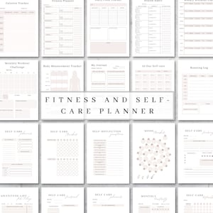 K&ouml;nnte beinhalten: Eine Sammlung druckbarer Fitness- und Selbstpflegeplaner. Die Seiten enthalten Tracker f&uuml;r Kalorien, Fitness, t&auml;gliche Ern&auml;hrung, Gesundheitsgewohnheiten, K&ouml;rperma&szlig;e und Stimmung. Der zentrale Text lautet "FITNESS AND SELF-CARE PLANNER".