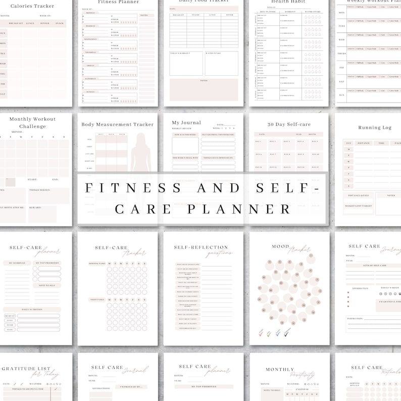 K&ouml;nnte beinhalten: Eine Sammlung druckbarer Fitness- und Selbstpflegeplaner. Die Seiten enthalten Tracker f&uuml;r Kalorien, Fitness, t&auml;gliche Ern&auml;hrung, Gesundheitsgewohnheiten, K&ouml;rperma&szlig;e und Stimmung. Der zentrale Text lautet "FITNESS AND SELF-CARE PLANNER".