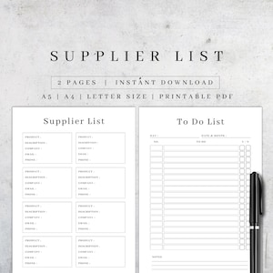 Printable Supplier List | Small Business Planner (A4/A5/Letter PDF)