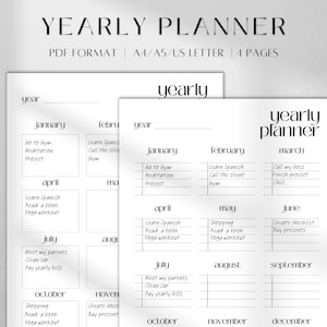 Vistazo anual imprimible / Kit de planificación anual / Resumen anual / Calendario minimalista en formato PDF / Insertos de planificación imprimibles en formato A5/A4/carta de EE. UU.