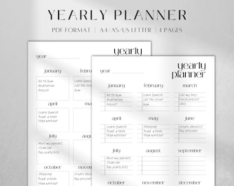 Planificador anual imprimible / Calendario minimalista, formato PDF para descargar en tamaños A4/A5/Carta estadounidense