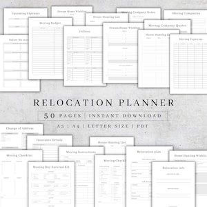 May include: A black and white printable relocation planner with 50 pages. The planner includes checklists, budget trackers, and moving instructions. The text "Relocation Planner" is in a large font at the top of the page. The text "50 Pages | Instant Download" is below the title. The text "A5 | A4 | Letter Size | PDF" is below the download information.